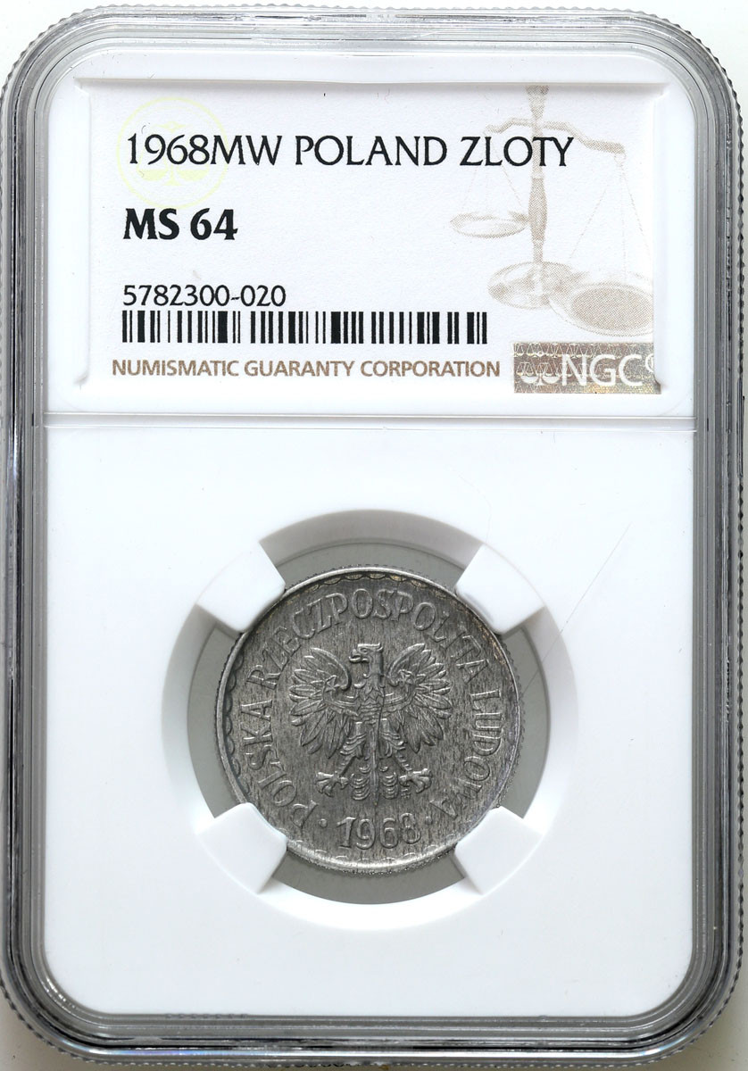 PRL. 1 złoty 1968 Aluminium NGC MS64 - RZADSZY ROCZNIK